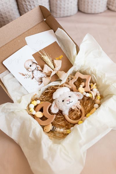 Soft baby animal rattle toy &ndash; bear, bunny, kitten, lamb newborn gift 10449_GIFT_SET_4_LAMB_GRAY фото