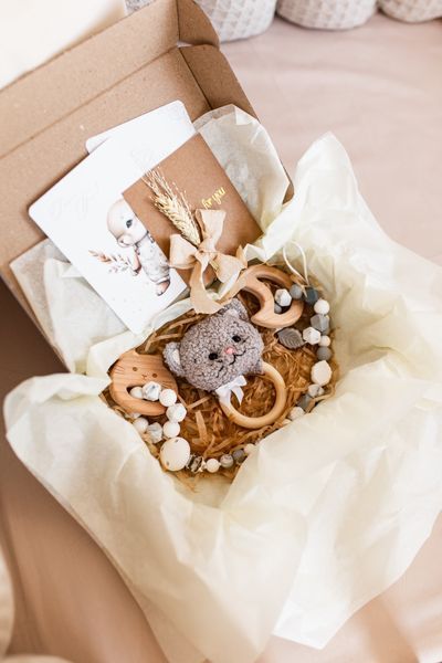 Soft baby animal rattle toy &ndash; bear, bunny, kitten, lamb newborn gift 10449_GIFT_SET_4_LAMB_GRAY фото