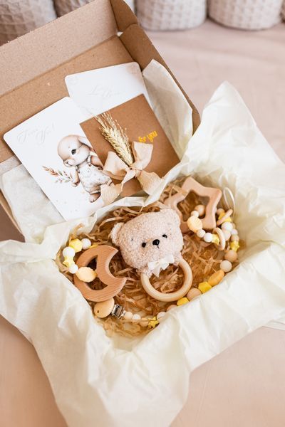 Soft baby animal rattle toy &ndash; bear, bunny, kitten, lamb newborn gift 10449_GIFT_SET_4_LAMB_GRAY фото