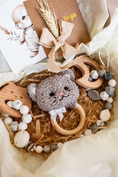 Soft baby animal rattle toy &ndash; bear, bunny, kitten, lamb newborn gift 10449_GIFT_SET_4_LAMB_GRAY фото