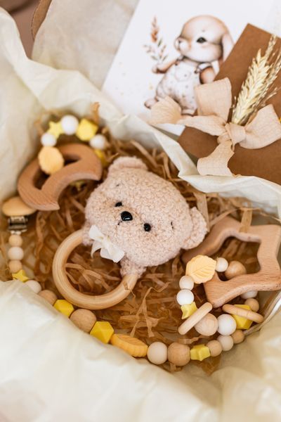 Soft baby animal rattle toy &ndash; bear, bunny, kitten, lamb newborn gift 10449_GIFT_SET_4_LAMB_GRAY фото